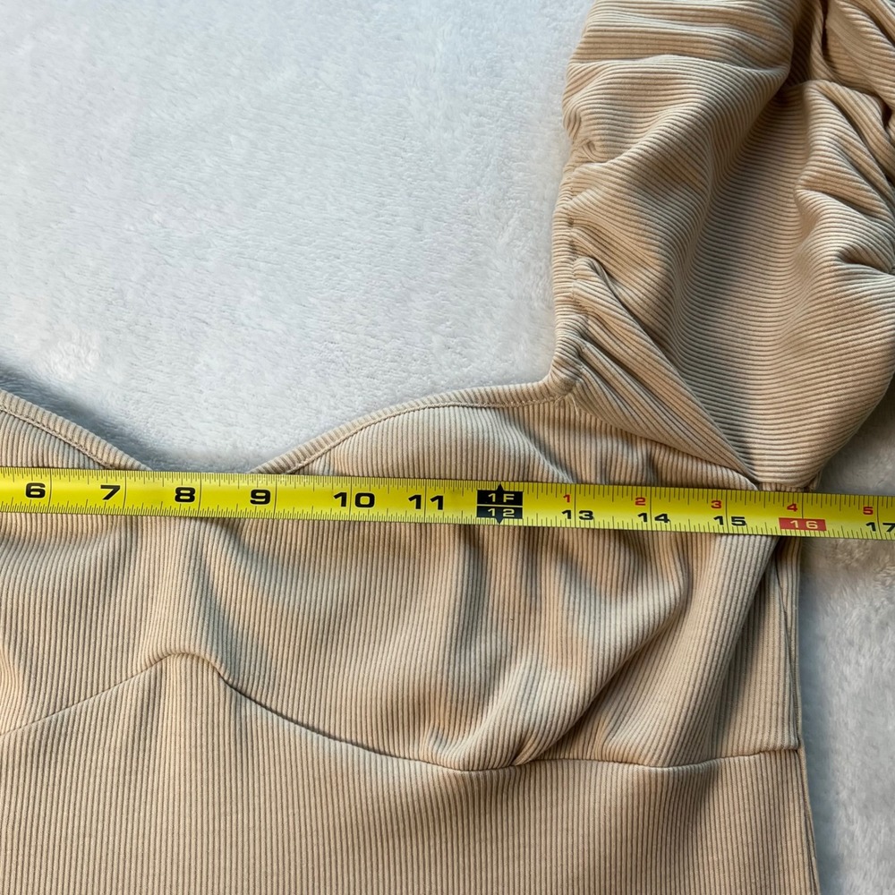 Free People Beach Bel Air Beige Maxi Dress Women Medium Ribbed Short Sleeve Boho - Picture 6 of 9